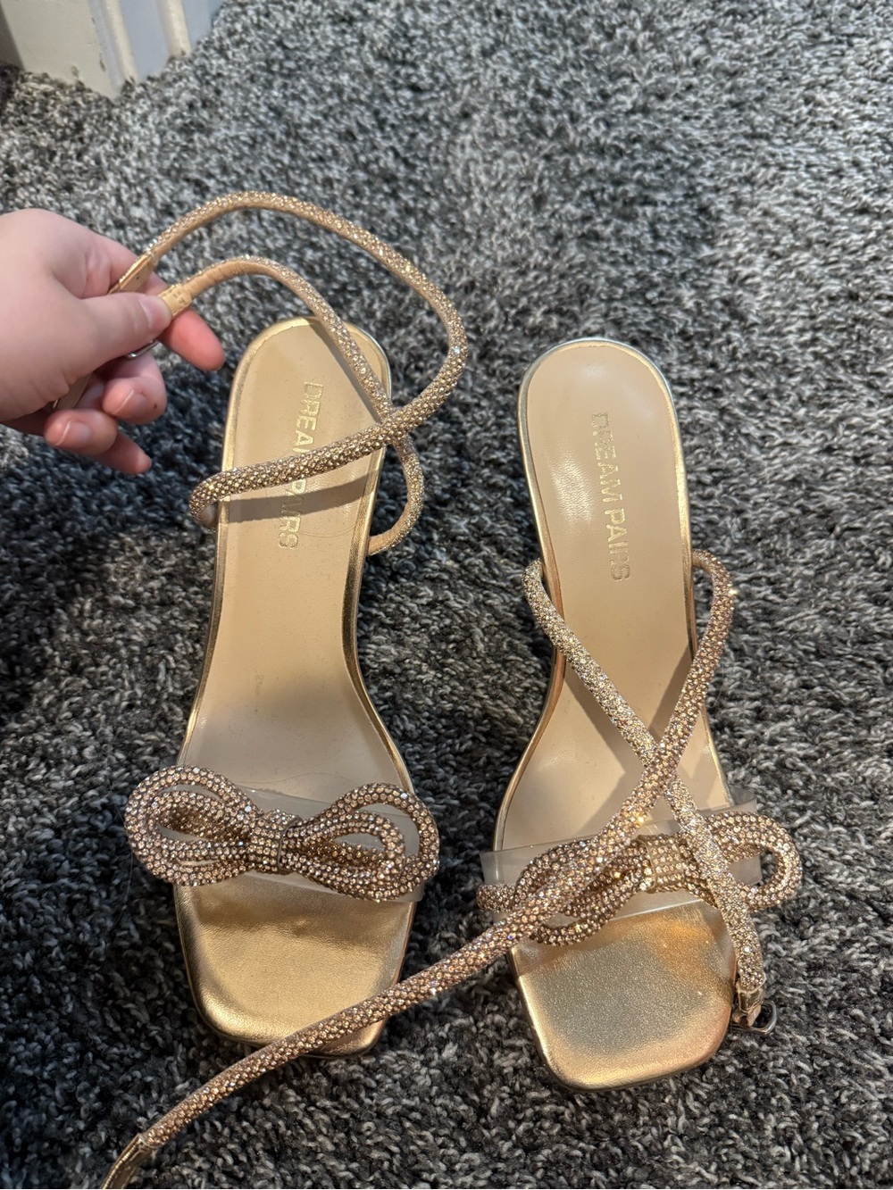 Dream Pairs Gold Rhinestone Bow Strappy Heels